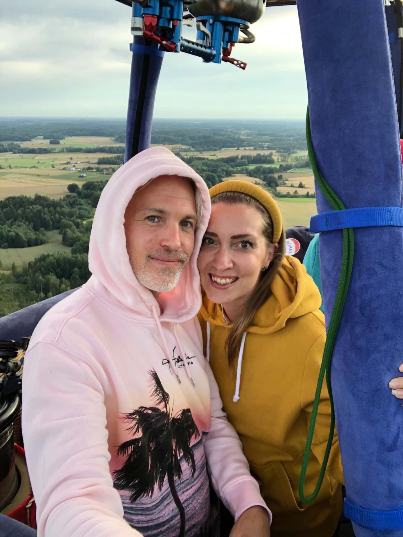 Mediakortti.comin perustajat kuumailmapallon korissa peltojen ja metsien yllä
